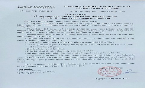 Công khai bản kê khai tài sản, thu nhập của các cán bộ, viên chức Trường Mầm non Nậm Tin
