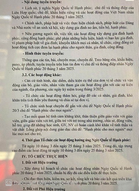 Kế hoạch tổ chức các hoạt động nhân ngày Quốc tế hạnh phúc 20 - 3